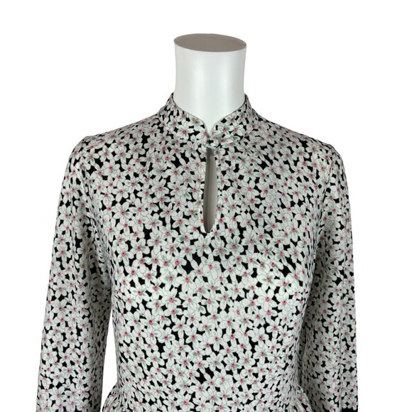 Vintage 70s Floral Dress Women's Small Border Print Pink Keyhole Neckline Sheath - Picture 4 of 12